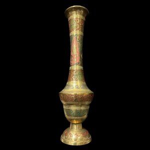 Vintage Brass Bud Vase – Etched Indian Flower Vase with Colorful Enamel